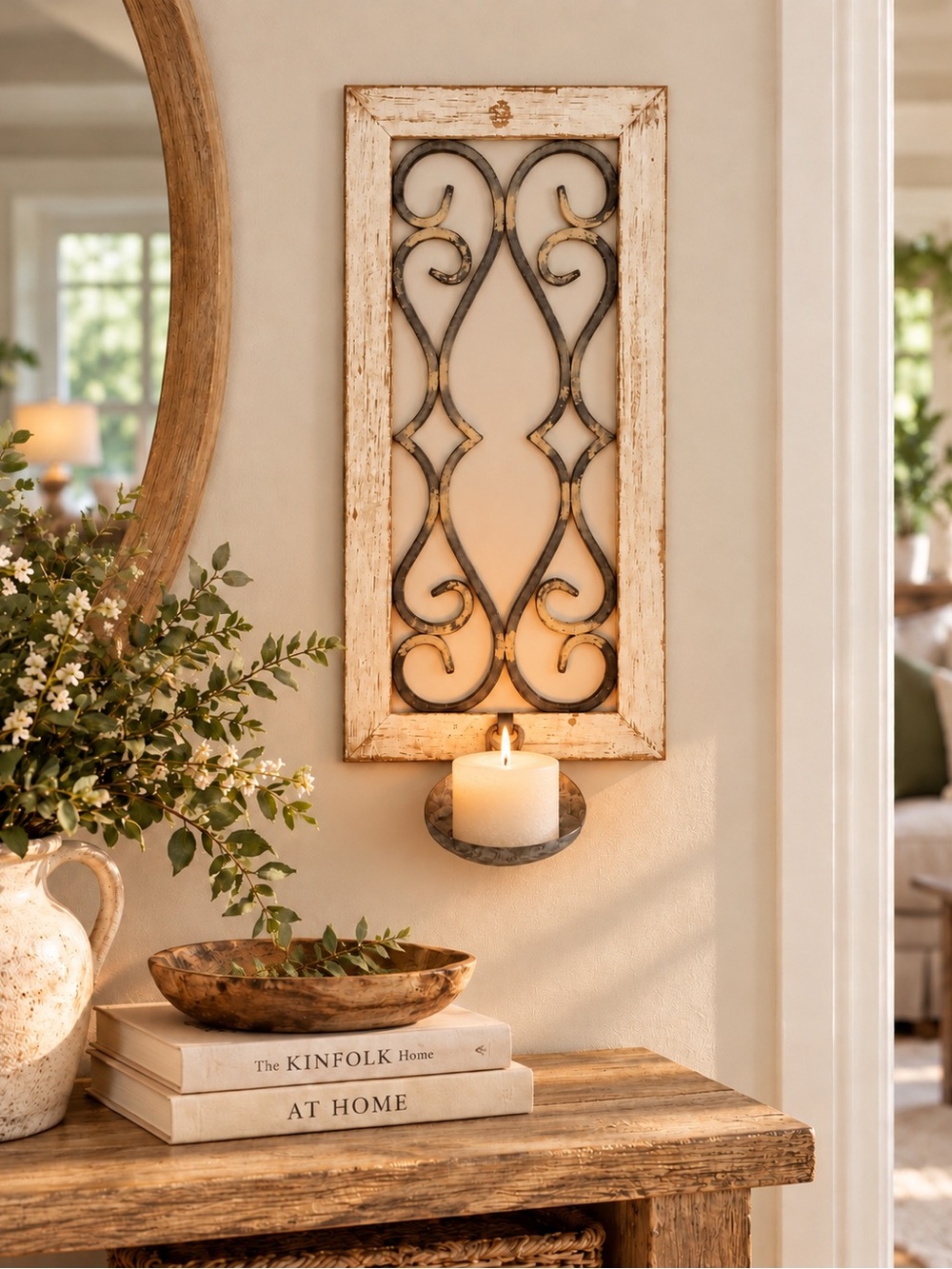 Rustic Whitewashed Wood Metal Scroll Wall Candle Sconce Farmhouse Decor